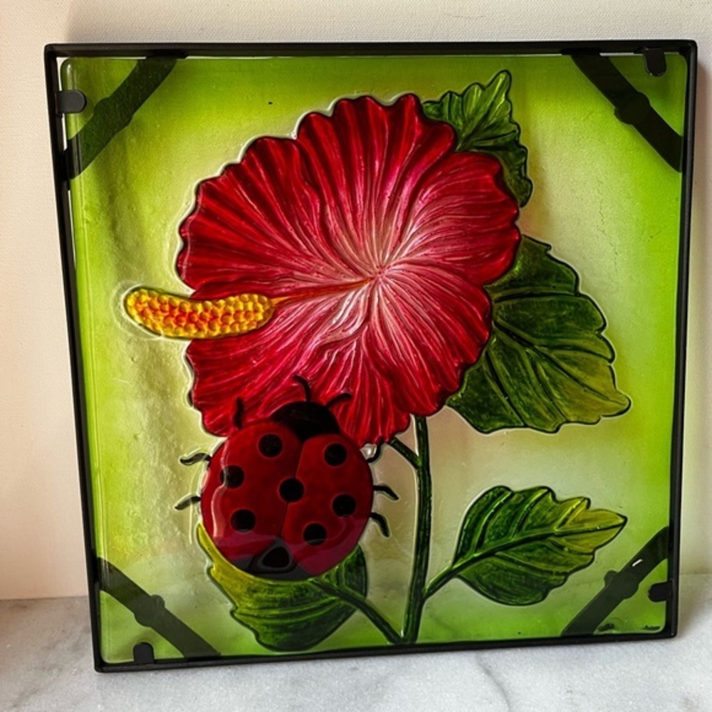 Vibrant Floral Glass Art with Ladybug suncatcher - Picture 2 of 10